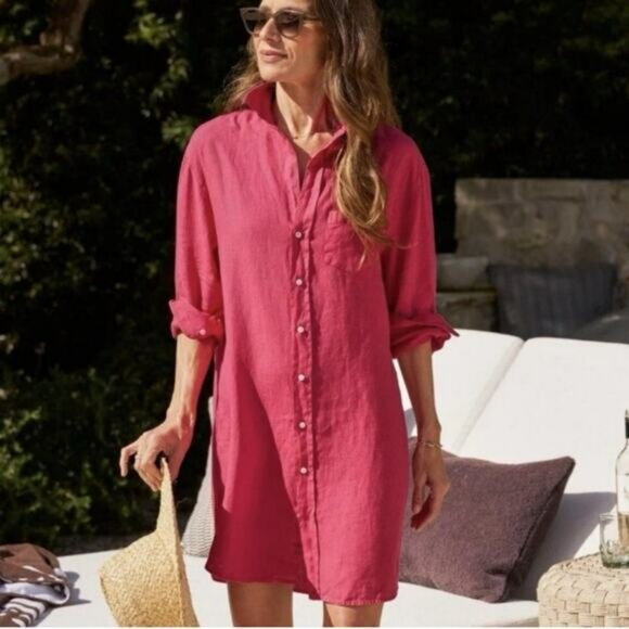 Frank & Eileen Mary Classic Shirtdress Washed Linen Hot Pink Size XS - Picture 12 of 14